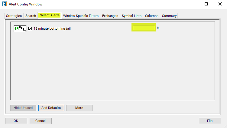 15 Minute Bottoming Tail Alert Custom Settings