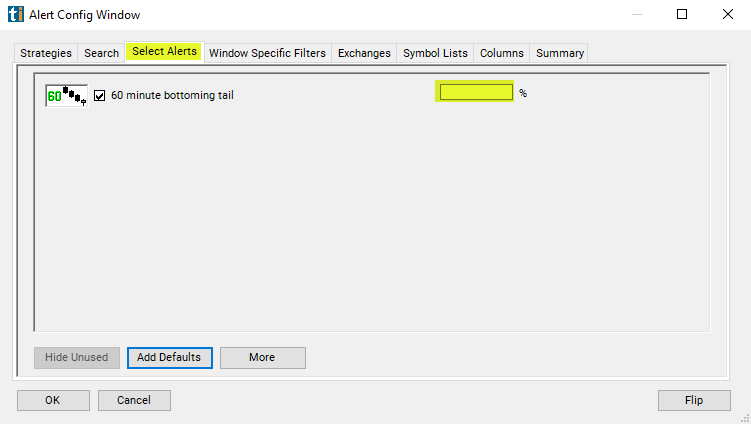 60 Minute Bottoming Tail Alert Custom Settings