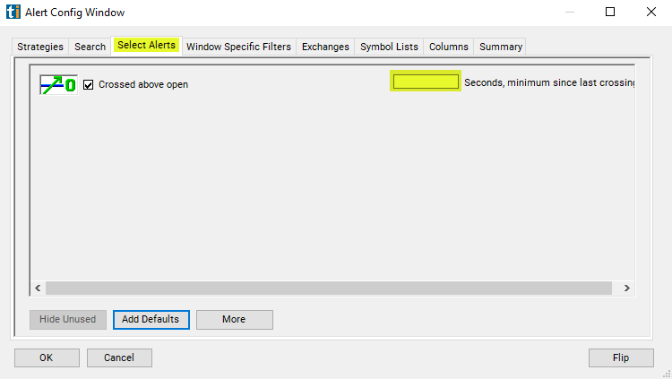 Crossed Above Open Alert Custom Settings