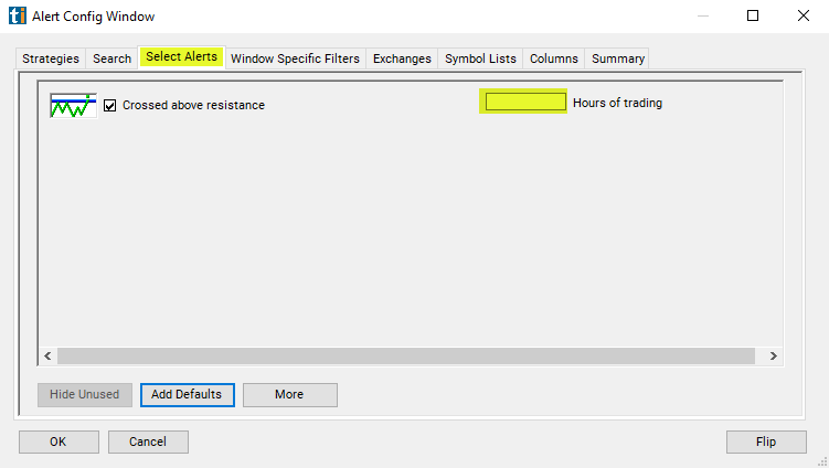 Crossed Above Resistance Alert Custom Settings