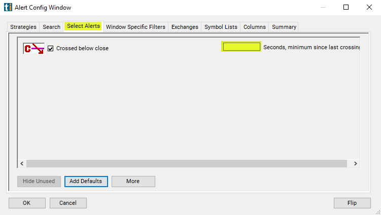 Crossed Below Close Alert Custom Settings