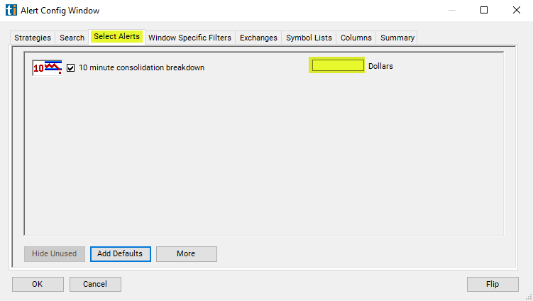 10 Minute Consolidation Breakdown Alert Custom Settings