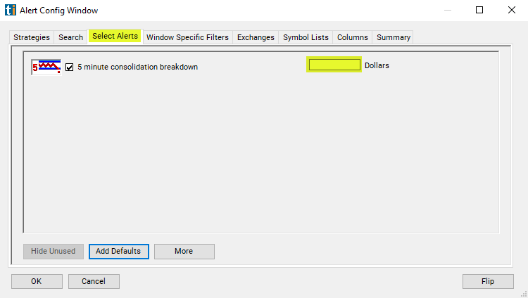 5 Minute Consolidation Breakdown Alert Custom Settings