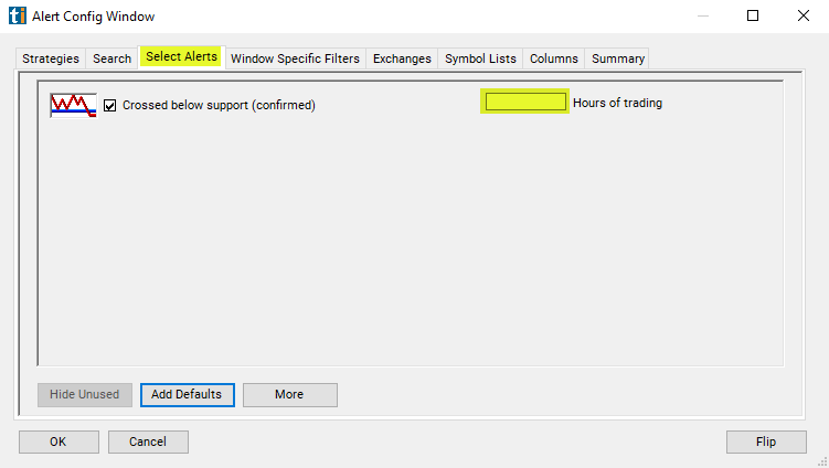 Crossed Below Support (confirmed) Alert Custom Settings