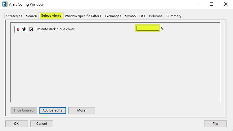 5 Minute Dark Cloud Cover Alert Custom Settings