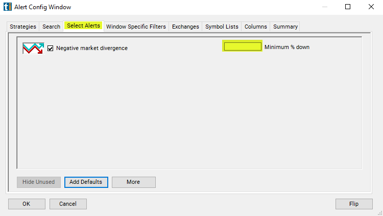 Negative Market Divergence Alert Custom Settings