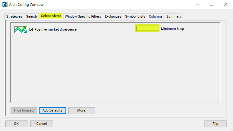 Positive Market Divergence Alert Custom Settings