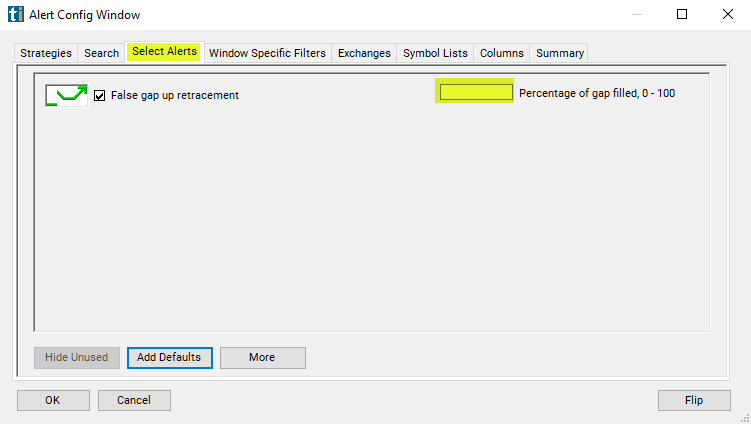 False Gap Up Retracement Alert Custom Settings