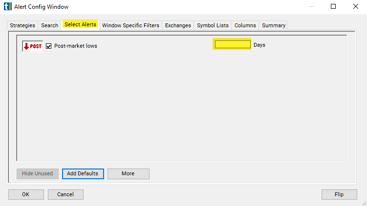 Post-market Lows Alert Custom Settings