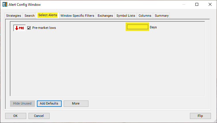 Pre-market Lows Alert Custom Settings