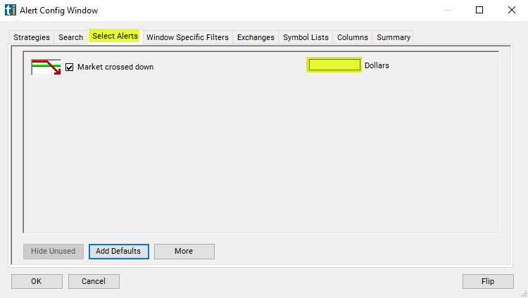 Market Crossed Down Alert Custom Settings