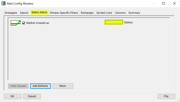 Market Crossed Up Alert Custom Settings