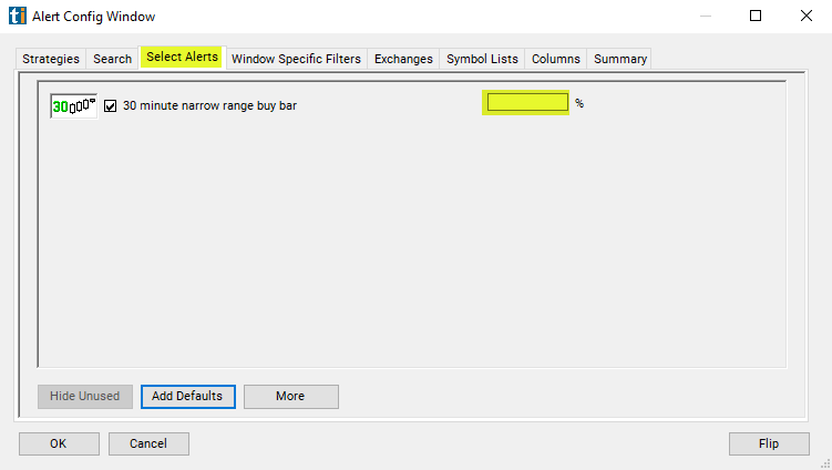 30 Minute Narrow Range Buy Bar Alert Custom Settings