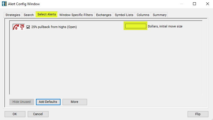 25% Pullback from Highs (open) Alert Custom Settings