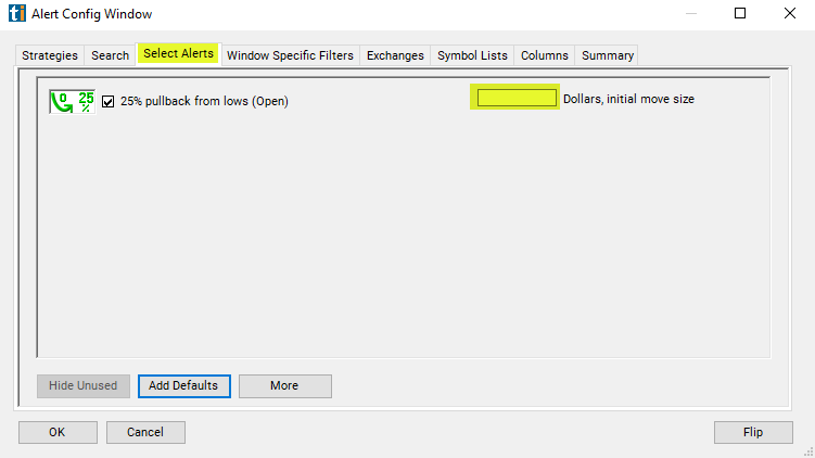 25% Pullback from Lows (open) Alert Custom Settings