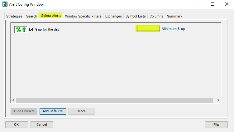 Percentage Up for the Day Alert Custom Settings