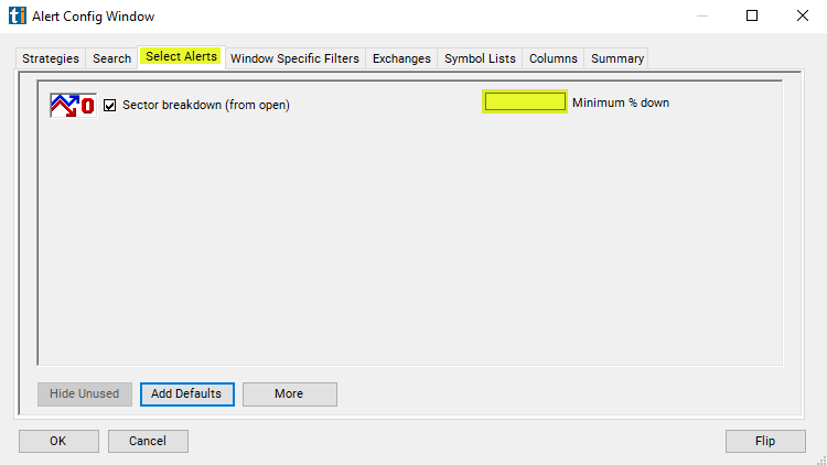 Sector Breakdown (from open) Alert Custom Settings