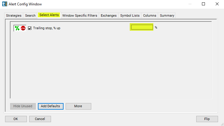 Trailing Stop, % Up Alert Custom Settings