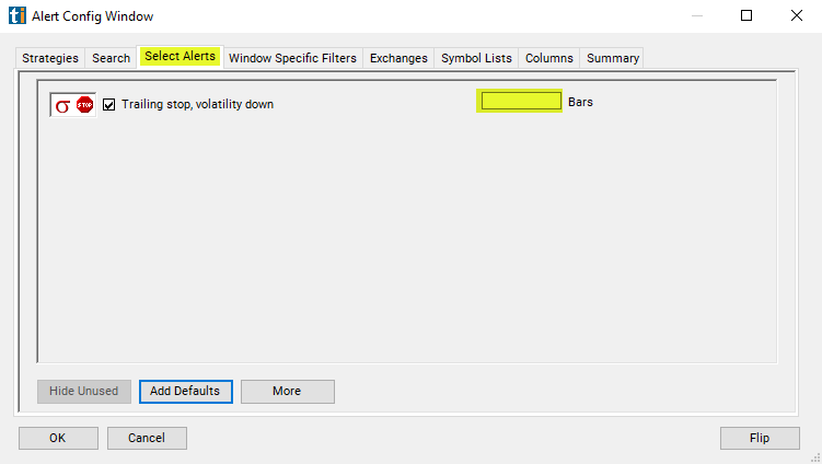 Trailing Stop, Volatility Down Alert Custom Settings