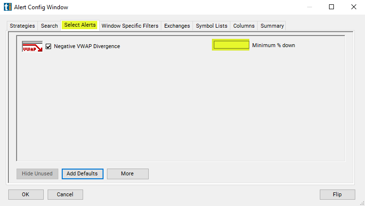 Negative VWAP Divergence Alert Custom Settings