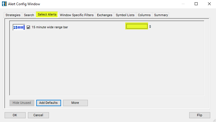 15 Minute Wide Range Bar Alert Custom Settings