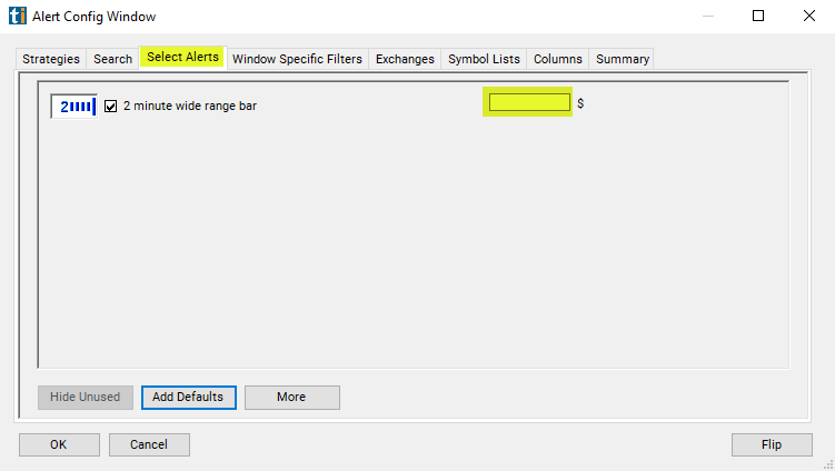 2 Minute Wide Range Bar Alert Custom Settings